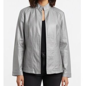 Additions by Chico's Linen‎ Blend Silver Jacket Sz 2 Medium Hook Eye Closure